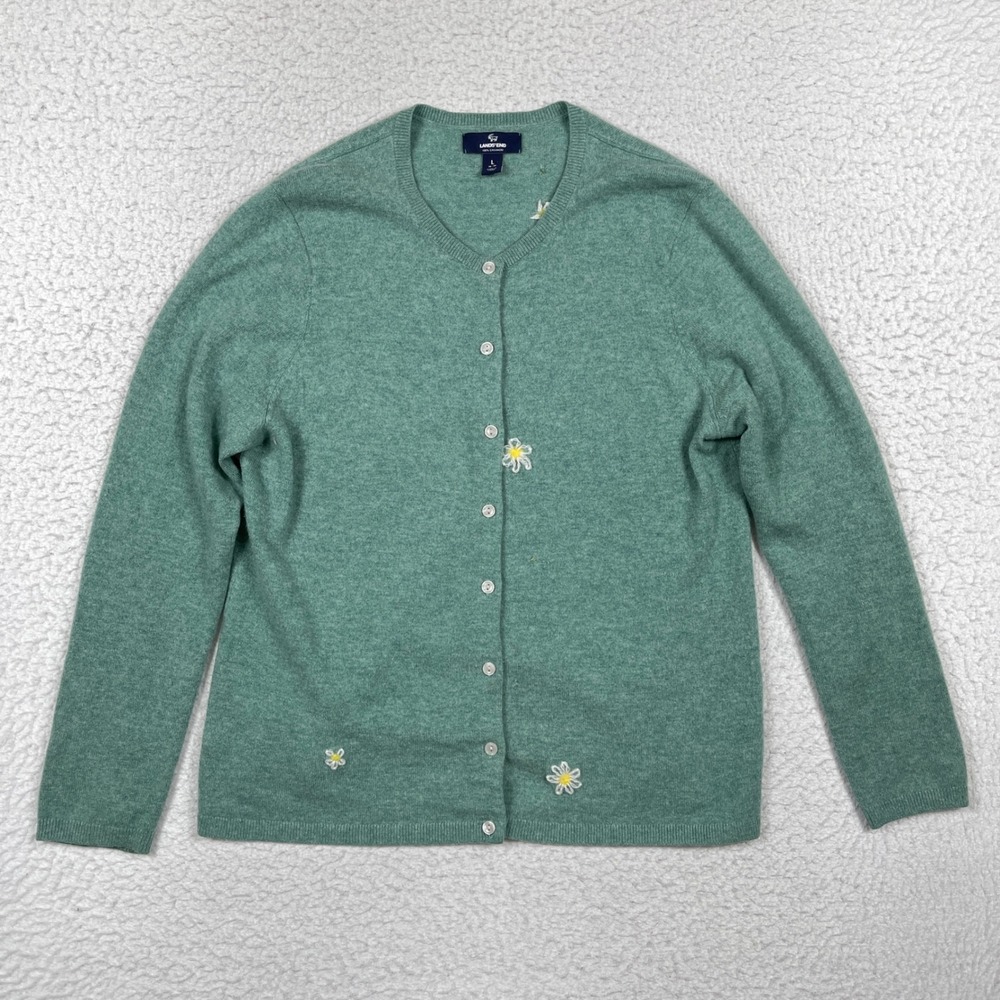 Lands End Cardigan Womens L Green Cashmere Daisy Embroidered Cottagecore Preppy